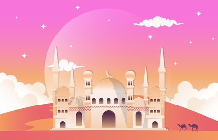 Ramadan Kareem Eid Mubarak Mosque Nature Islamic Celebration Illustrationのイラスト素材