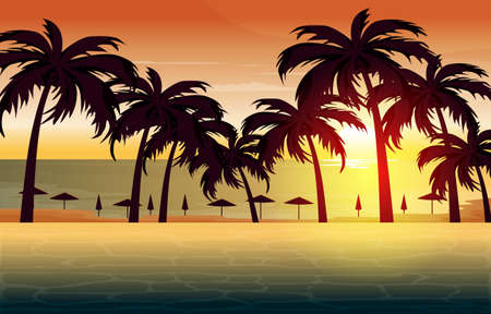 Beautiful Sunset Palm Coconut Bali Beach Vacation Landscape View Illustrationのイラスト素材
