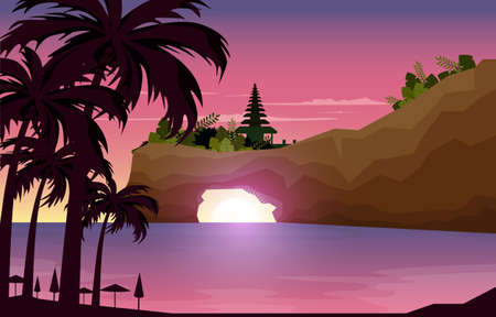 Beautiful Sunset Tanah Lot Beach Bali Cliff Landscape View Illustrationのイラスト素材