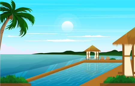 Resort Swimming Pool Travel Vacation Landscape View Bali Illustrationのイラスト素材