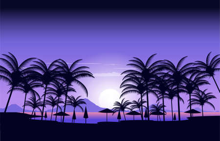 Palm Night Seminyak Beach Dream Land Vacation Landscape View Illustrationのイラスト素材