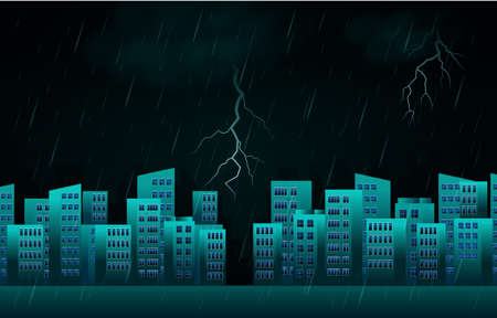 Thunder Storm Lightning Rainy Night City Building Skyline Cityscape Illustrationのイラスト素材