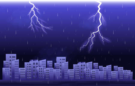 Thunder Storm Lightning Rainy Night City Building Skyline Cityscape Illustrationのイラスト素材