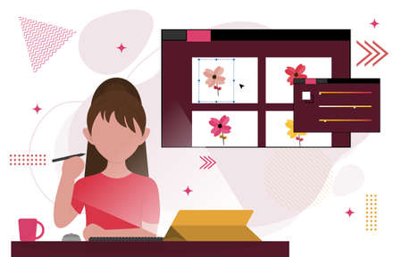 Girl Graphic Designer Digital Graphic Drawing Tool Flat Design Illustrationのイラスト素材
