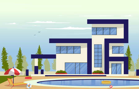 Outdoor Swimming Pool Luxury House Leisure Relaxation Flat Design Illustrationのイラスト素材