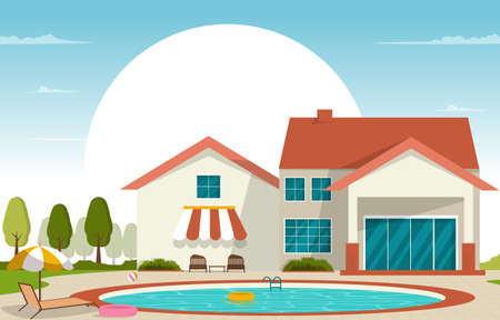 Outdoor Swimming Pool Luxury House Leisure Relaxation Flat Design Illustrationのイラスト素材