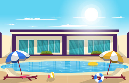 Outdoor Swimming Pool Summer Holiday Leisure Relaxation Flat Design Illustrationのイラスト素材