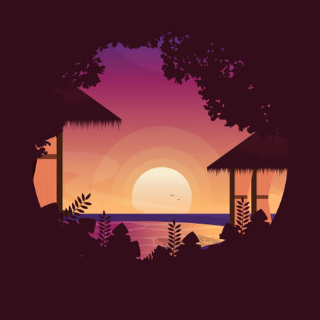 Hut Sunset Sun Resort Bali Holiday Landscape Circle View Illustrationのイラスト素材