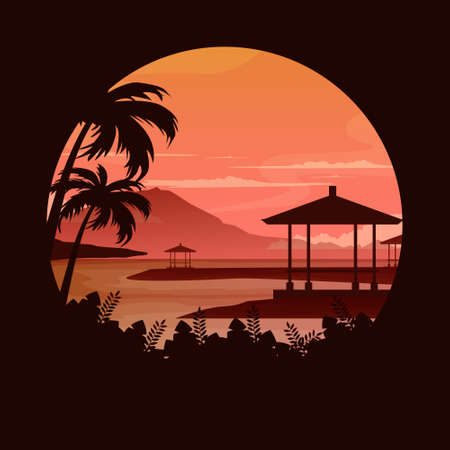 Beautiful Sunset Island Sea Nusa Dua Beach Bali Landscape Circle Viewのイラスト素材