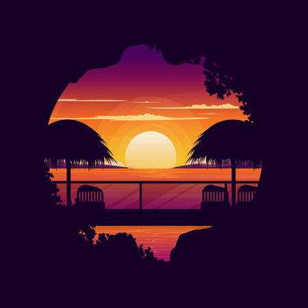Hut Sunset Sun Resort Bali Holiday Landscape Circle View Illustrationのイラスト素材