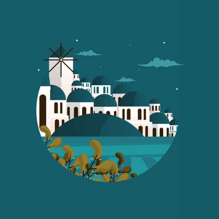 Night Santorini Greece Aegean Sea Vacation Travel Tour Circle Emblemのイラスト素材