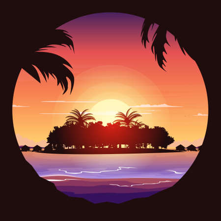 Sunset Maldives Sea Island Resort Hut Holiday Vacation Travel Circle Viewのイラスト素材