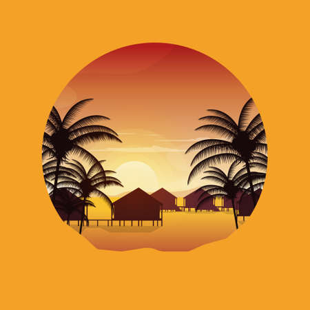 Sunset Maldives Sea Island Resort Hut Holiday Vacation Travel Circle Viewのイラスト素材