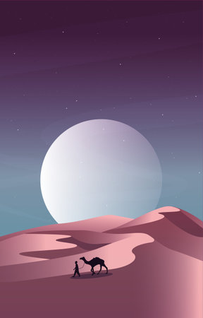 Caravan Arabian Night Desert Landscape Islamic Ramadan Kareem Greeting Cardのイラスト素材