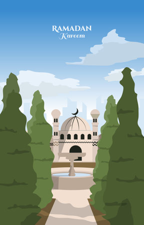 Beautiful Mosque Pond Garden Landscape Islamic Ramadan Kareem Greeting Cardのイラスト素材