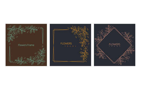 Square Line Art Design Flower Leaf Frame Greeting Wedding Invitation Cardのイラスト素材