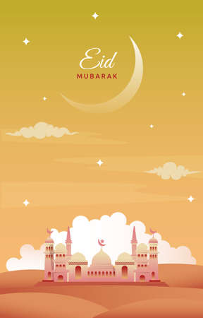 Eid Mubarak Greeting Card Mosque Night Sky Vector Design Templateのイラスト素材