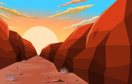 Sunrise in Western American Rock Cliff Vast Desert Landscape Illustrationのイラスト素材