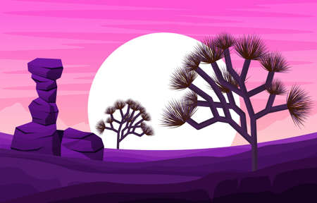 Sunset in Western American Yucca Tree Plant Vast Desert Landscape Illustrationのイラスト素材