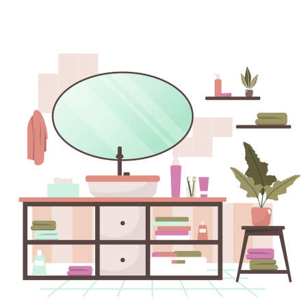 Clean Bathroom Decoration Mirror Sink Cabinet House Interior Flat Designのイラスト素材