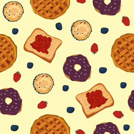 Seamless Pattern Breakfast Food Jam Bread Fruit Pie