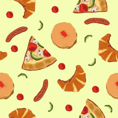 Seamless Pattern Breakfast Food Pizza Cake Sausageのイラスト素材