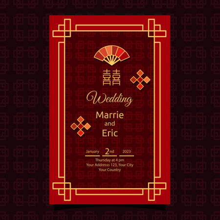 Red Yellow Chinese Wedding Invitation Card Design Templateのイラスト素材