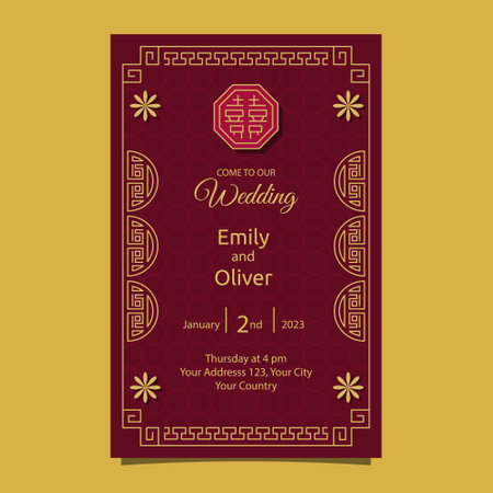Red Yellow Chinese Wedding Invitation Card Design Templateのイラスト素材