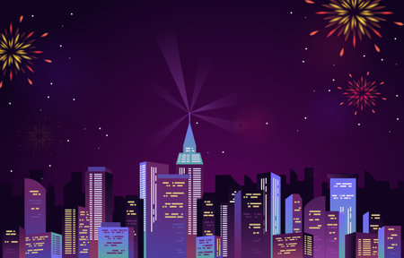 Happy New Year City Building Cityscape Fireworks Partyのイラスト素材