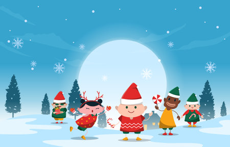 Kids Children Playing Outdoor Snow Winter Christmas Illustrationのイラスト素材