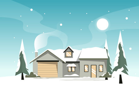 House Home Pine in Snow Fall Winter Illustrationのイラスト素材