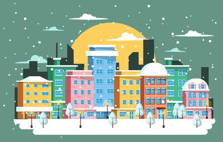 Moon City Landscape Cityscape Cold Winter Snow Buildingのイラスト素材