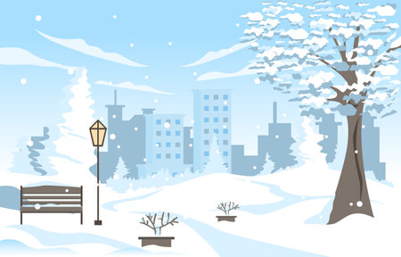 City Park Landscape Cityscape Cold Winter Snow Buildingのイラスト素材
