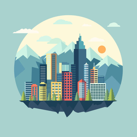 Circle Cityscape Building with Mountain View in Bright Day Flat Design Illustrationのイラスト素材