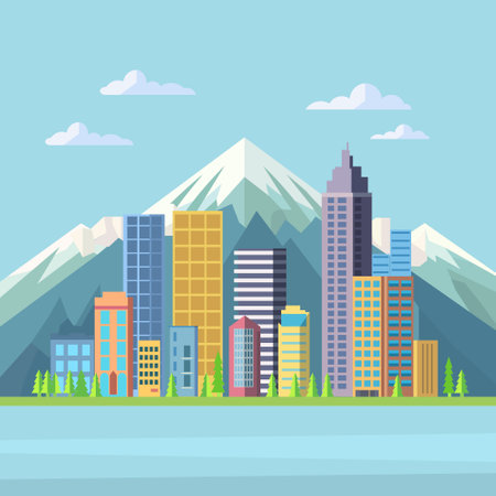 Skyscrapers Building with Mountain View in Bright Day Flat Designのイラスト素材