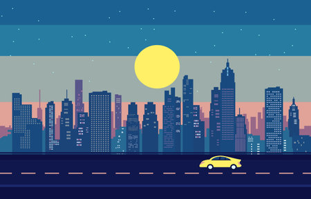 Traffic Road in City at Night with Skyscrapers Building Flat Design Illustrationのイラスト素材