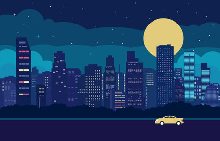 Traffic Road in City at Night with Cityscape Flat Design Illustrationのイラスト素材
