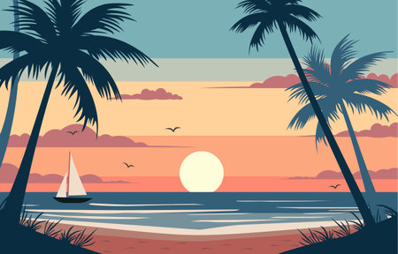 Flat Design of Boat Sailing on the Sea with Colorful Sky at Sunsetのイラスト素材