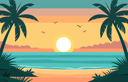 Flat Design of Sea Nature Landscape at Sunset with Palm Treesのイラスト素材