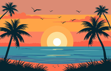 Flat Design of Beautiful Beach Landscape with Palm Trees at Sunsetのイラスト素材