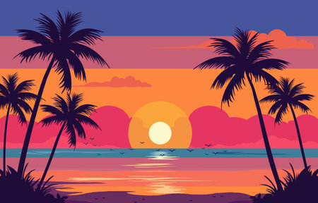 Flat Design of Sea Nature Landscape with Beautiful Colorful Sky at Sunsetのイラスト素材