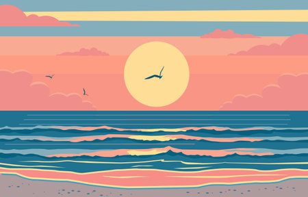 Flat Design of Sunset at Beach in Summer with Seagull and Waveのイラスト素材