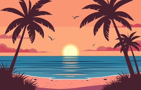 Flat Design of Sea Nature View with Sunset in Golden Skyのイラスト素材