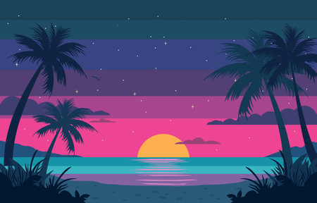 Flat Design of Beautiful Sunset at Beach with Colorful Night Sky and Palm Treeのイラスト素材