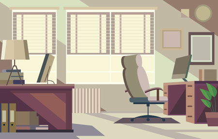 Flat Design Illustration of Workplace Landscape in the Office with Modern Furnitureのイラスト素材