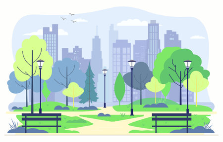 Flat Design Illustration of Bench in City Park with Green Treesのイラスト素材