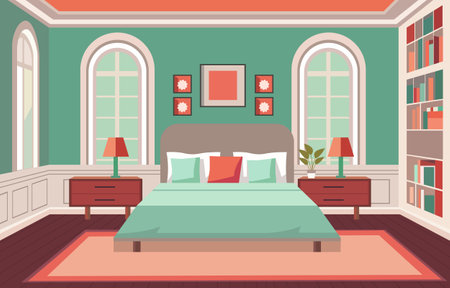 Flat Design of Bedroom with Bed Furniture Window in Fancy Houseのイラスト素材
