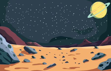 Flat Design of Beautiful Landscape in Outer Space with Saturn Planet in Dark Skyのイラスト素材