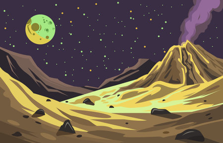 Flat Design of Beautiful Landscape in Outer Space with Smoky Volcanic Mountain and Planetのイラスト素材