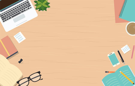 Top View of Office Book Stationery on Work Desk with Copy Spaceのイラスト素材